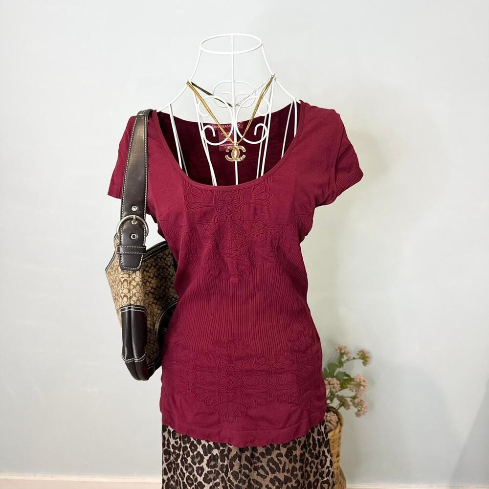 Cute vintage y2k burgundy ruched tight short sleeve top